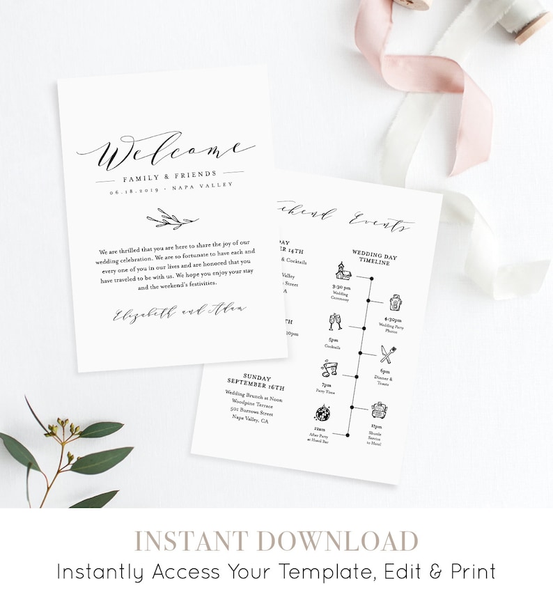 May include: A black and white wedding welcome sign with the text "Welcome Family & Friends 06.18.2019 Napa Valley" and a floral design. The sign also includes the text "We are thrilled that you are here to share the joy of our wedding celebration. We are so fortunate to have each and every one of you in our lives and are honored that you have traveled to be with us. We hope you enjoy your stay and the weekend's festivities. Elizabeth and Allen".