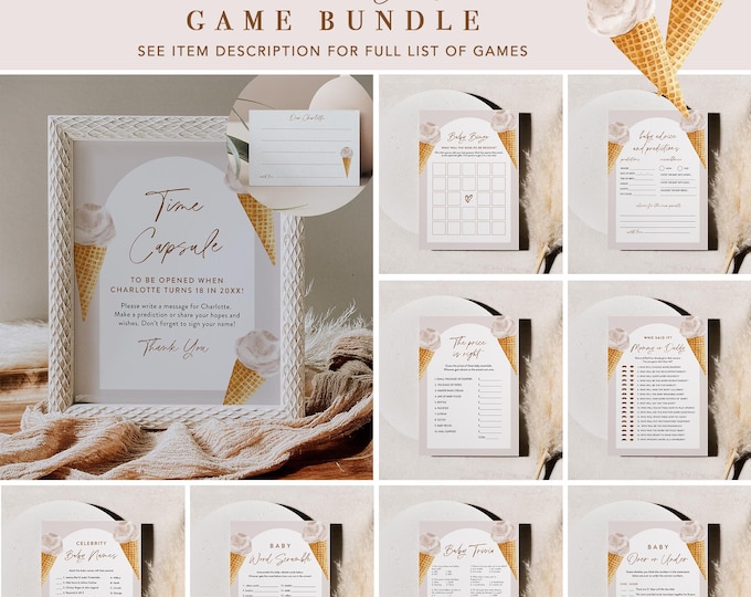 Ice Cream Baby Shower Game Bundle, 28 Games, Scoop, Gender Neutral Baby Shower, Editable Template, Instant Download, Templett #0035-BBGB
