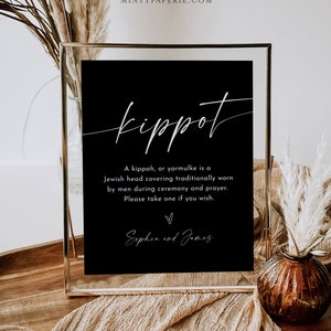 Kippot Sign Template, Printable Classic Black Kippah Sign, Jewish Wedding Yarmulke Basket, Bar Mitzvah, Instant Download, Templett 0034B-61S