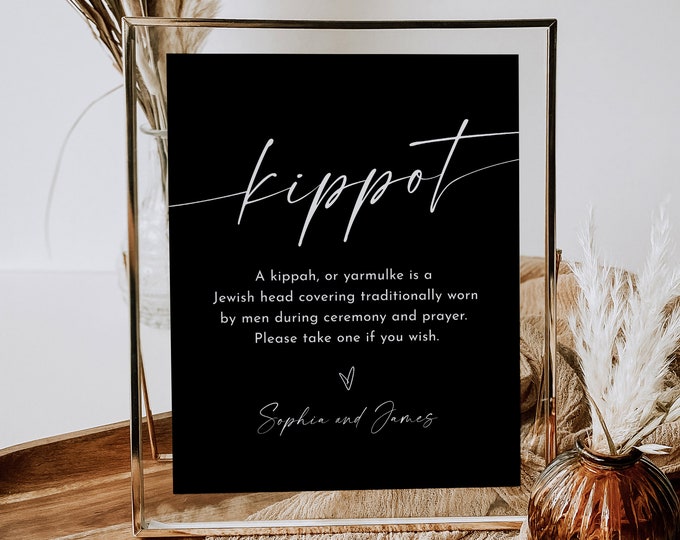 Kippot Sign Template, Printable Classic Black Kippah Sign, Jewish Wedding Yarmulke Basket, Bar Mitzvah, Instant Download, Templett 0034B-61S