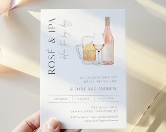 Rosé and IPA Couples Shower Invitation, Brews and Bubbly Bridal Shower Invite, Rose Wine Beer, Printable, Editable Template,  #0026I-326BS