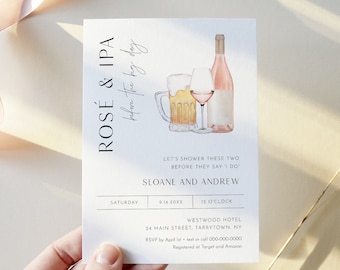 Rosé and IPA Couples Shower Invitation, Brews and Bubbly Bridal Shower Invite, Rose Wine Beer, Printable, Editable Template,  #0026D-326BS