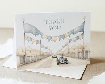 Race Car Thank You Card, Vintage Car Baby Shower, Birthday, Flat and Folded, Editable Template, Instant Download, Templett #0068-245TYC