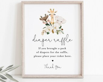 May include: A printable sign for a baby shower diaper raffle. The sign features a cute illustration of a giraffe, deer, and elephant surrounded by white flowers. The text reads "diaper raffle" and "If you brought a pack of diapers for the raffle, please place your ticket here. Thank you."