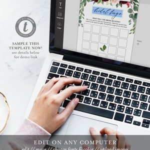 May include: A laptop computer displaying a bridal bingo game template with a floral design. The template has a blue title that says "bridal bingo" and asks "What will the bride receive?" The template has a 5x5 grid with squares to fill in. The laptop is on a white surface.