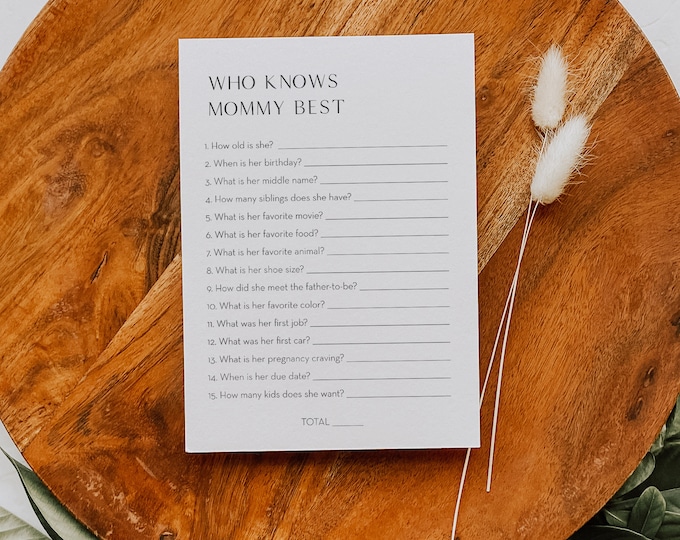 Who Knows Mommy Best Baby Shower Game, Minimalist Baby Shower, How Well Do You Know, Editable Template, Personalize Questions #0026-307BASG