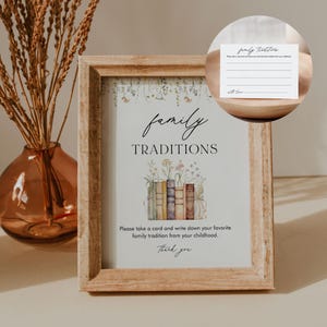 Placa e cartão de tradições familiares para bebês, livro de histórias com novos capítulos para chá de bebê, compartilhe uma memória da infância, editável, modelo nº 0066-46BAG