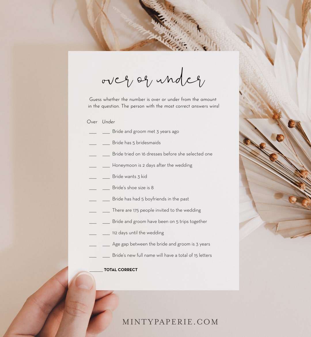 Over or Under Bridal Shower Game Printable Minimalist Couples - Etsy