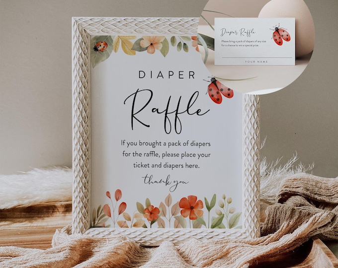 Ladybug Diaper Raffle Game, Printable Love Bug Girl Baby Shower Diaper Raffle Insert and Sign, Editable Template, Instant #0069-20BAG