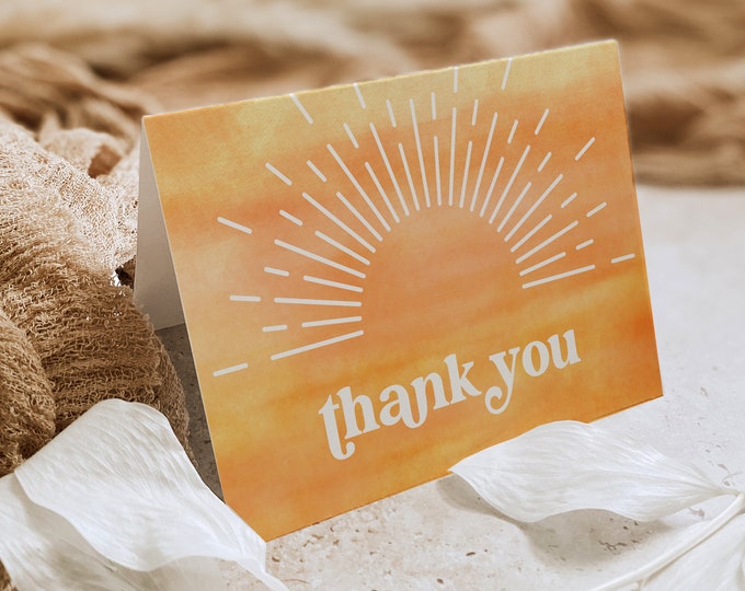 Sun Thank You Card, Sunburst, Summer Birthday, Baby Shower Thank You Note, Editable Template, Flat & Tent Card, Templett, 3.5x5 #0048-228TYC