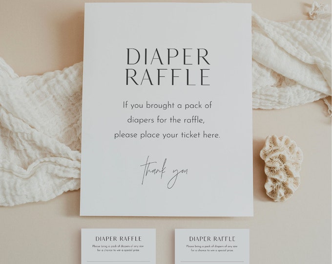 Diaper Raffle Game, Printable Minimalist Baby Shower Game, Raffle Ticket Insert and Sign, Editable Template, INSTANT DOWNLOAD #0026-293BASG