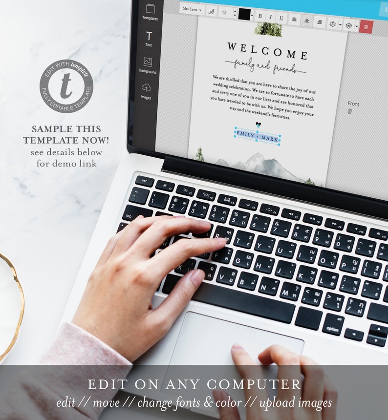 May include: A laptop computer with a white background and a wedding invitation template open on the screen. The template features a watercolor mountain scene with the text "Welcome family and friends" and "Emily & Mark". The text "Edit on any computer" is displayed below the laptop.