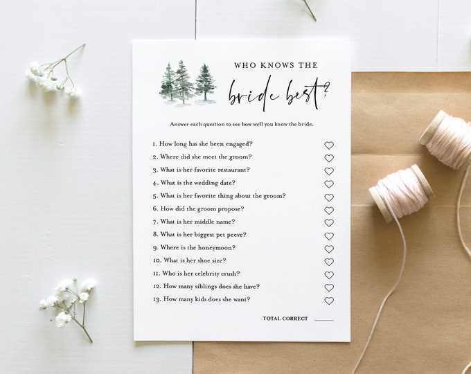 Pine Who Knows the Bride Best Bridal Shower Game, Printable Rustic Winter Bridal Shower Game, Editable Template, Instant Download #073-252BG