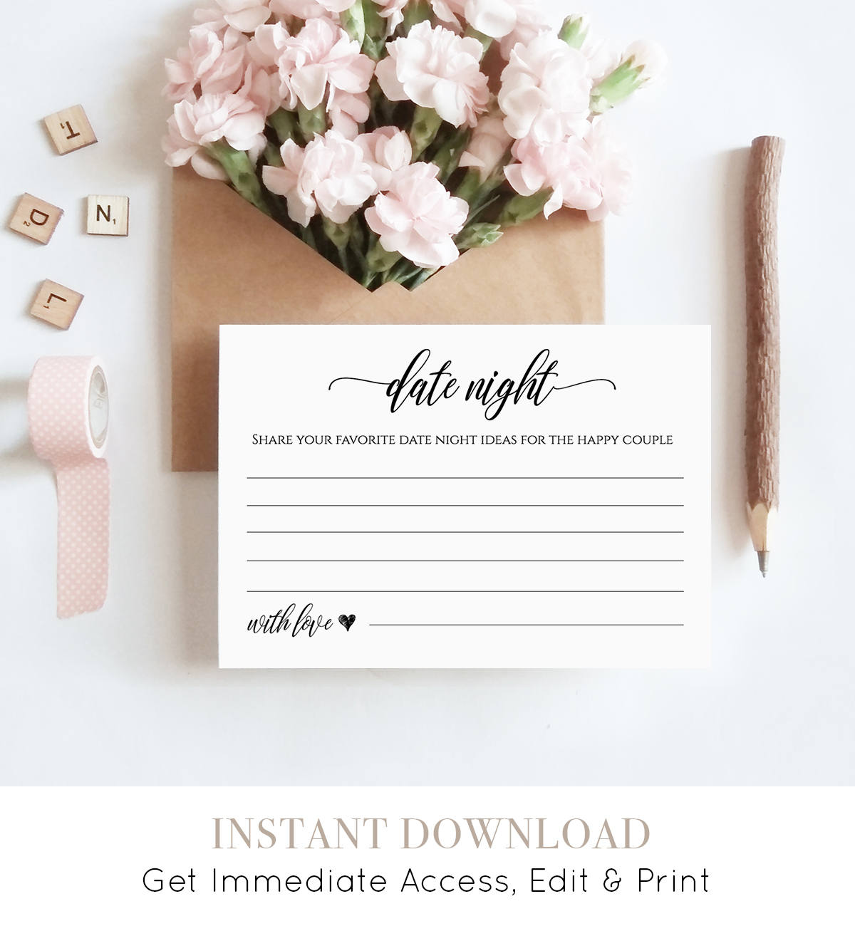 Printable Date Night Idea Card, DIY Wedding Advice Template, Bridal