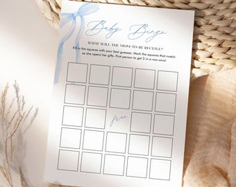 Baby Bingo Game, Coquette Bow Boy Baby Shower, Blue Ribbon, Instant Download, Printable, Editable, Templett #0057-11BAG