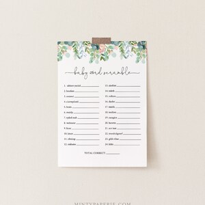 May include: A printable baby word scramble game with a floral border. The game features 24 words to unscramble, with a space for the player to write the correct answer. The words are related to babies and include words like "diaper", "bottle", and "crib".
