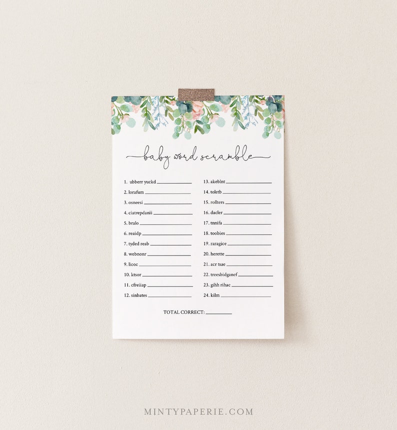 May include: A printable baby word scramble game with a floral border. The game features 24 words to unscramble, with a space for the player to write the correct answer. The words are related to babies and include words like "diaper", "bottle", and "crib".