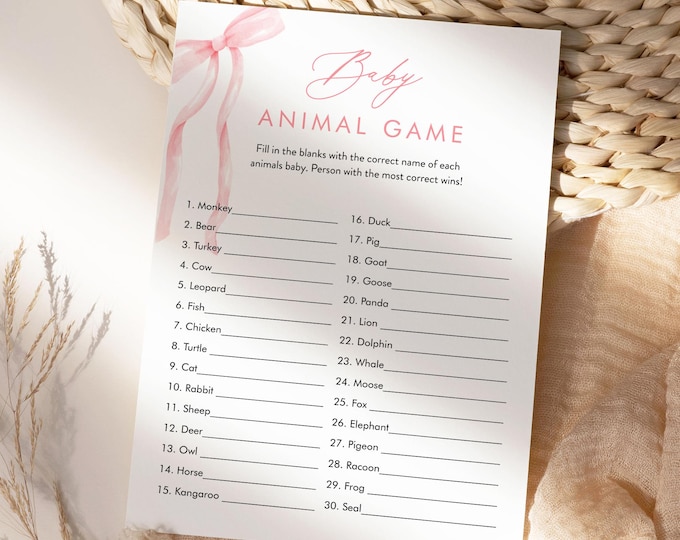 Baby Animal Game, Printable, Coquette Bow Girl Baby Shower Game with Answers, Pink Ribbon, Instant Download, Templett #0057-18BAG