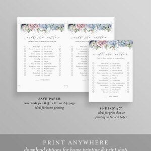 May include: Two printable game cards with a watercolor floral design featuring succulents in shades of pink and blue. The cards have the text "would she rather" and a list of questions to play a game with a bride-to-be.