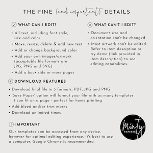 Peut inclure: Graphique cr&egrave;me avec du texte d&eacute;taillant les fonctionnalit&eacute;s modifiables, les options de t&eacute;l&eacute;chargement et les notes importantes pour les mod&egrave;les num&eacute;riques. Comprend le texte "THE FINE (and important) DETAILS" et le logo "minty PAPERIE".