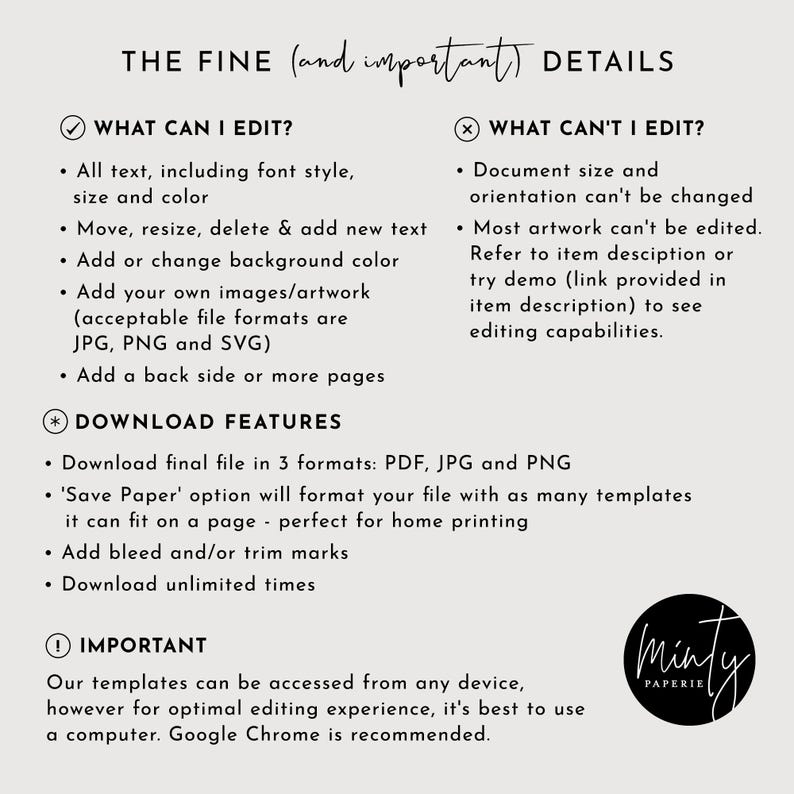 Peut inclure: Graphique cr&egrave;me avec du texte d&eacute;taillant les fonctionnalit&eacute;s modifiables, les options de t&eacute;l&eacute;chargement et les notes importantes pour les mod&egrave;les num&eacute;riques. Comprend le texte "THE FINE (and important) DETAILS" et le logo "minty PAPERIE".