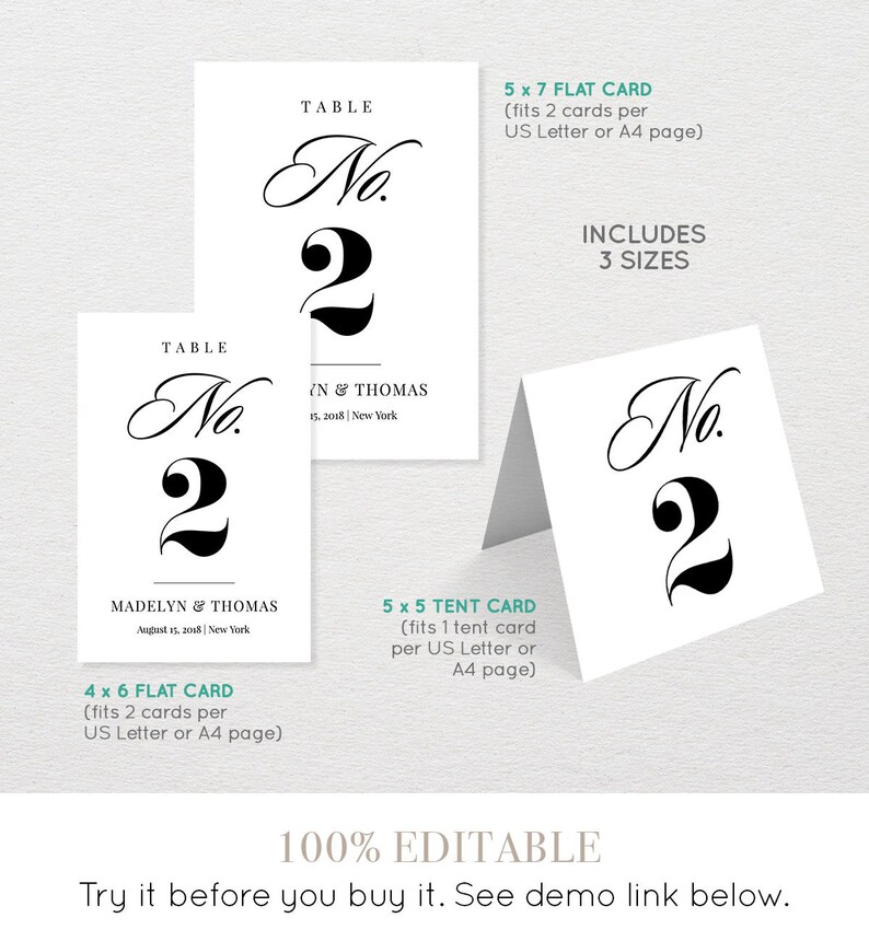 Table Number Card Template Printable Wedding Table Number Etsy