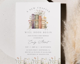 A New Chapter Baby Shower Invitation, Book Lover, Storybook, Fairytale Baby Shower, Gender Neutral, Editable Template, Templett #0066-259BA