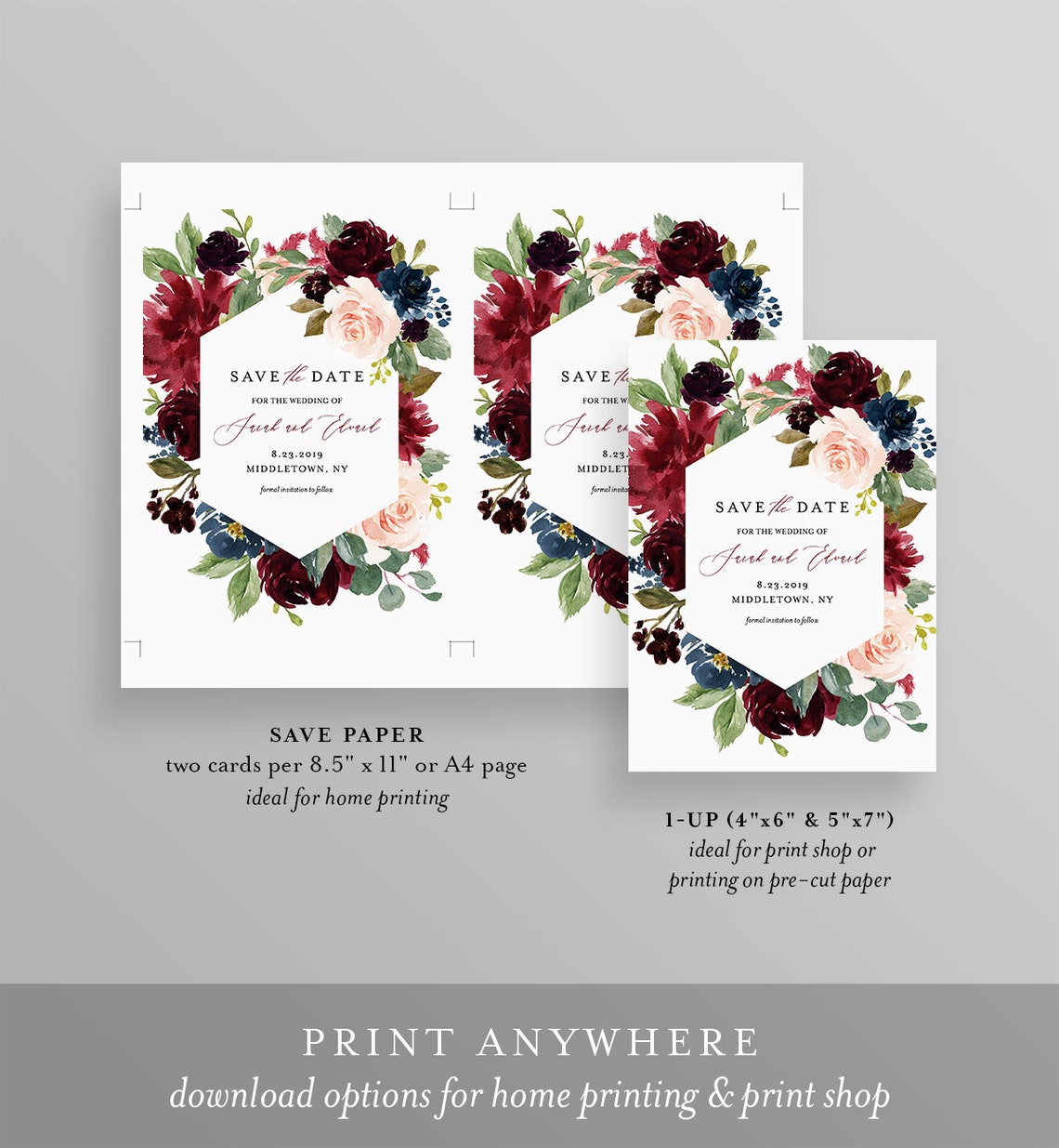 Printable Save the Date Template Merlot and Blush Florals - Etsy