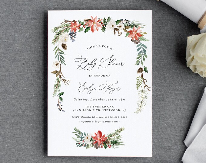 Winter Baby Shower Invitation Template, Editable Holly Baby Shower Invite, Gender Neutral, Christmas, Instant Download, Templett #071-137BA