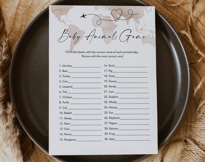 Adventure Baby Animal Game, Printable Travel Theme Baby Shower Game, World Map, Editable Template, Instant Download, Templett #0039-18BAG