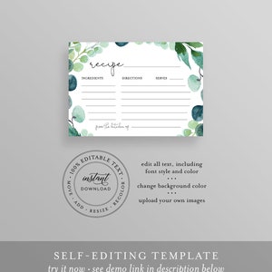 Recipe Card Printable, Bridal Shower Recipe Insert, Boho Garden Greenery, Instant Download, Editable Template, Templett, 5x3.5 068B-105RC image 2