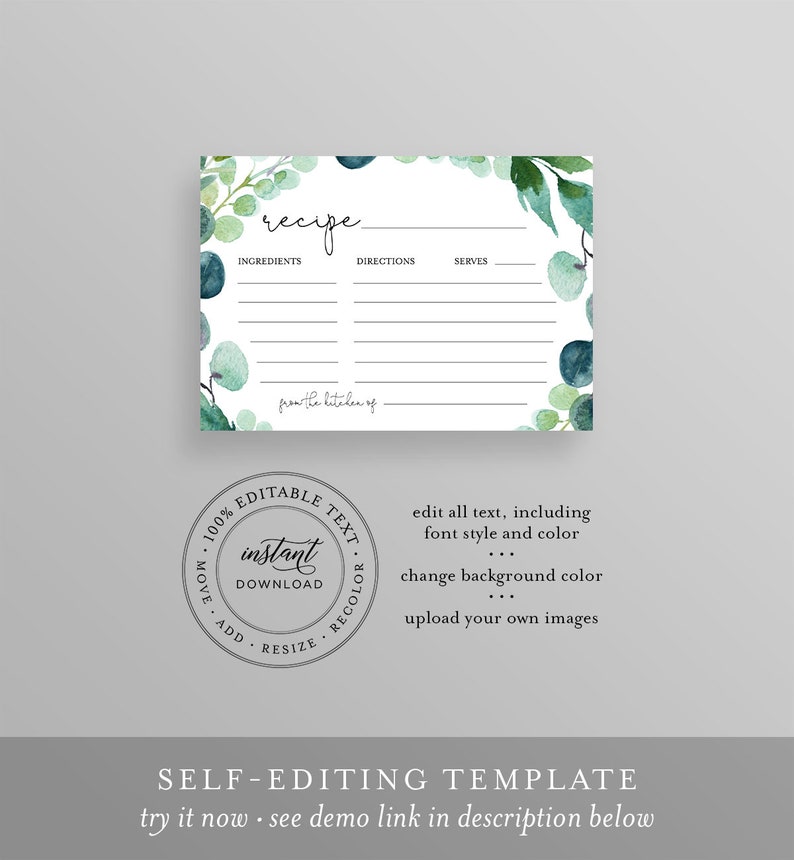 Recipe Card Printable, Bridal Shower Recipe Insert, Boho Garden Greenery, Instant Download, Editable Template, Templett, 5x3.5 068B-105RC image 2