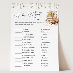 May include: A printable baby shower game with a floral border and a stack of books. The game asks players to match candy brands with baby-related words, such as "twins" and "conception".