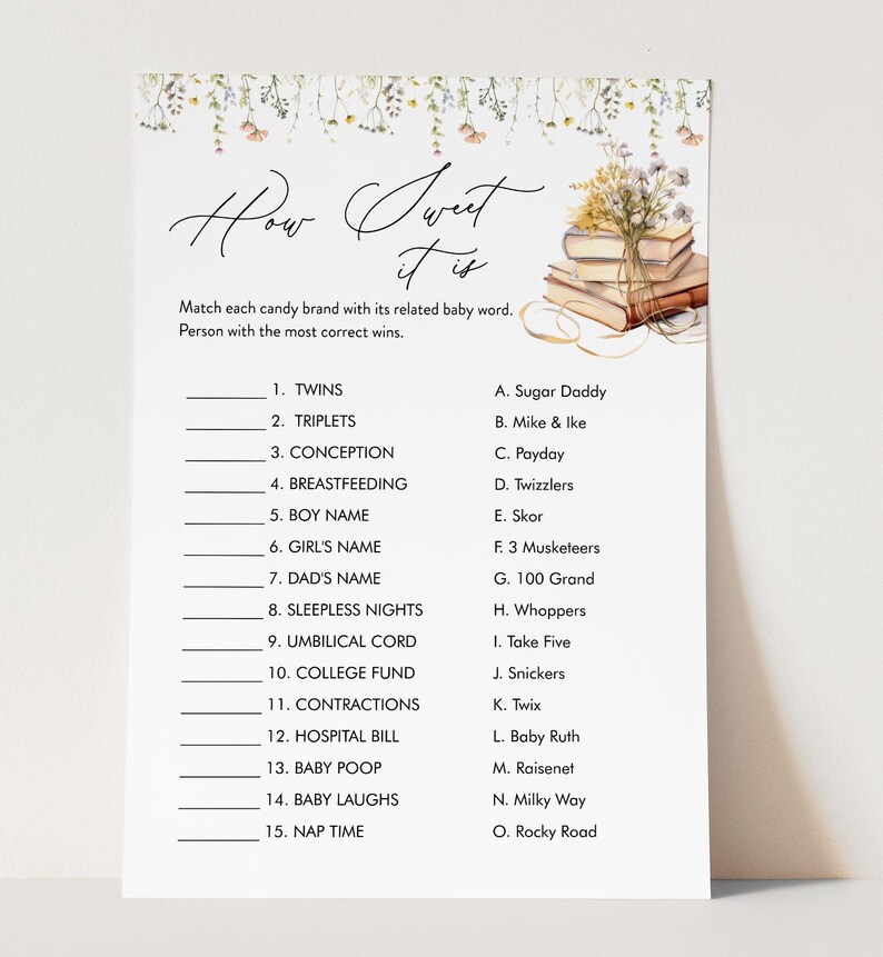 May include: A printable baby shower game with a floral border and a stack of books. The game asks players to match candy brands with baby-related words, such as "twins" and "conception".