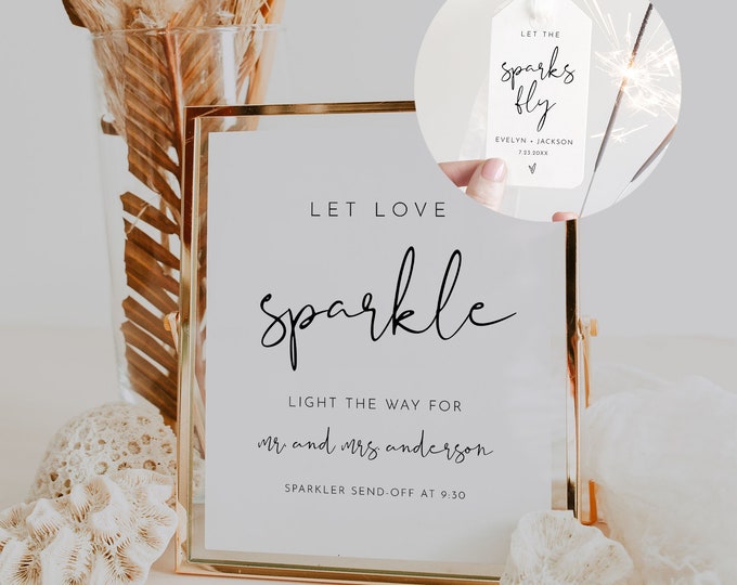 Sparkler Send Off Sign and Tag, Modern Minimalist Wedding, 100% Editable Template, Personalize Sparkler Sign and Tag, Templett #0031-105SPR