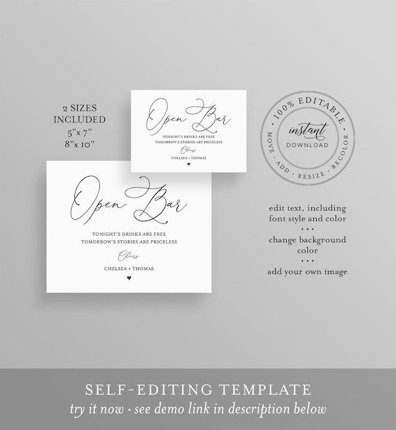 Self-Editing Minimalist #vmt310 Funny Printable Open Bar Sign Template Alcohol Fully Editable Templett Heart Customizable Cocktail