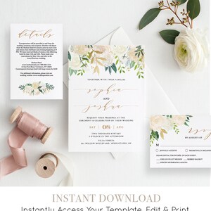 Printable Wedding Invitation Set, 100% Editable Template, INSTANT DOWNLOAD, Watercolor Floral ...