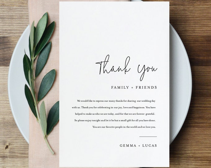Minimalist Thank You Letter, Modern Napkin Note, Printable Menu Thank You, Editable Template, Instant Download, Templett 4x6 #095A-154TYN