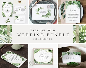 Tropical and Gold Wedding Bundle, Beach Wedding Invitation Suite + Day Of Templates, Editable Text, Instant Download, Templett #083-BUNDLE