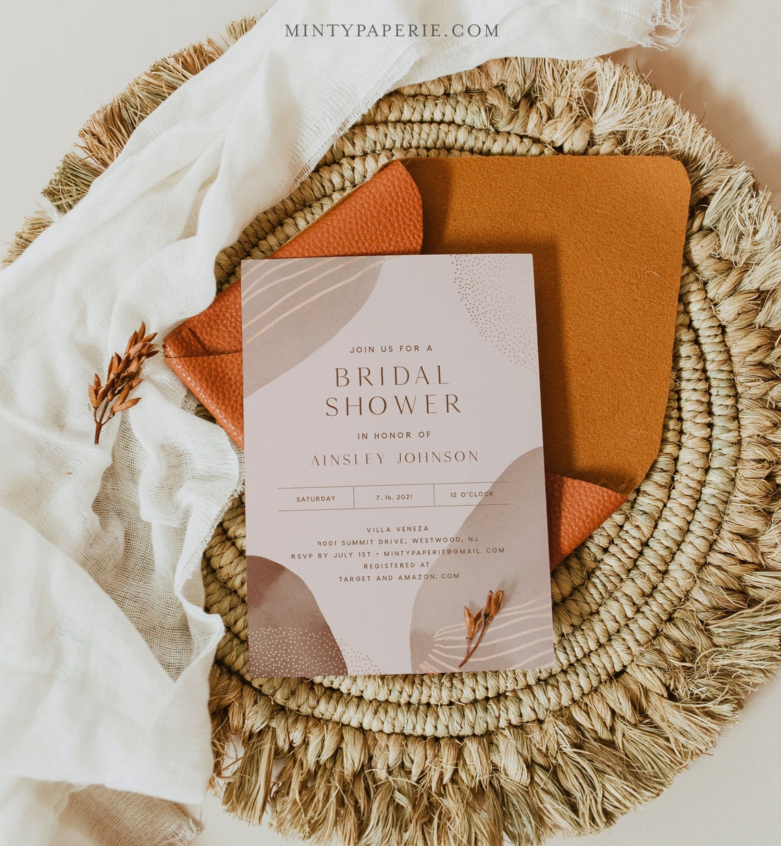 Modern Bridal Shower Invitation Template Minimal Earthy image 1