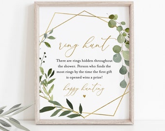 Ring Hunt Bridal Shower Game, Ring Game Template, Bridal Shower Printable, Greenery & Gold, Editable, Instant Download, Templett #056-222BG