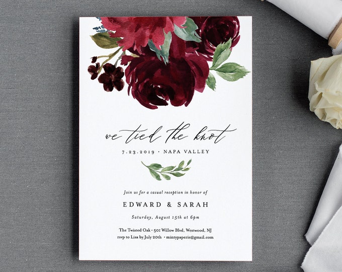 Elopement Wedding Invitation Template, Printable Boho Reception Party, We Tied the Knot, 100% Editable Text, INSTANT DOWNLOAD #062-117EL