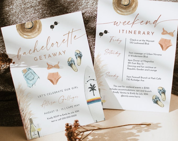 Bachelorette Beach Weekend Invitation & Itinerary, Summer, Tropical, Retreat, Editable Template, Instant Download, Templett #077-123BP