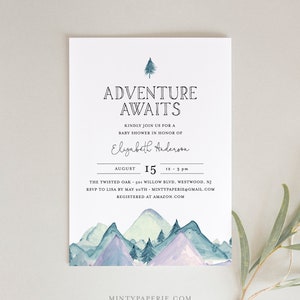 Baby Shower Invitation Template, Adventure Awaits, Mountain, Gender Neutral, Girl or Boy Baby Shower, Templett, INSTANT DOWNLOAD #063-127BA