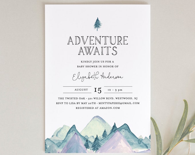 Baby Shower Invitation Template, Adventure Awaits, Mountain, Gender Neutral, Girl or Boy Baby Shower, Templett, INSTANT DOWNLOAD #063-127BA