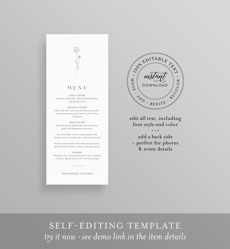 Dandelion Menu Template Printable Minimalist & Fine Art | Etsy