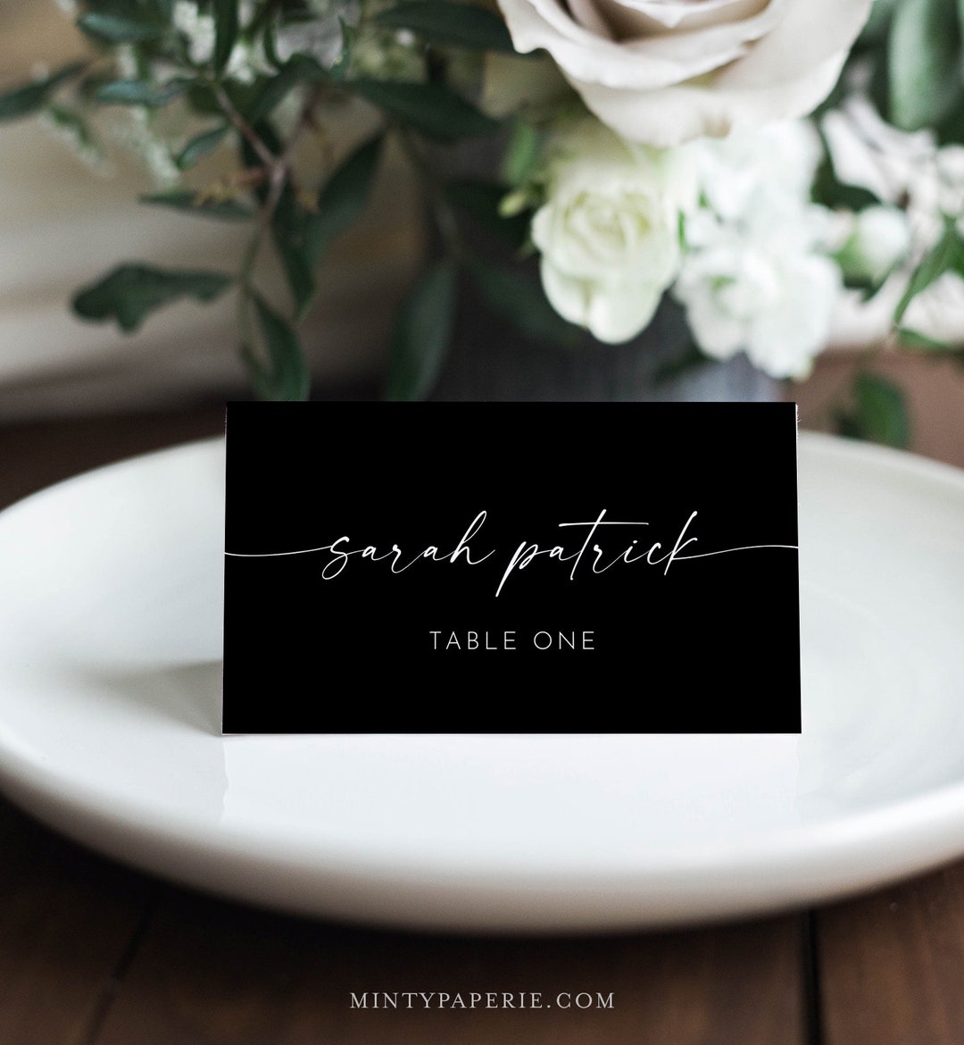 Classic Black Place Card Template, Printable Modern Wedding Escort Card ...