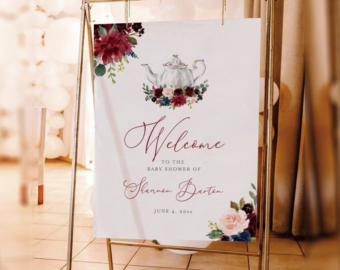 Tea Party Welcome Sign Template, Printable Baby Shower Tea Party Poster, Merlot Floral, Editable, Instant Download, Templett #085B-154LS