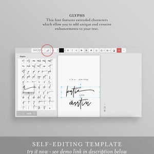 May include: A screen shot of a computer program showing a font editing tool. The tool has a grid of glyphs, or characters, for the font. The text "katie and martin" is shown in the font, along with the date "6.18.23" and the location "NEW YORK".