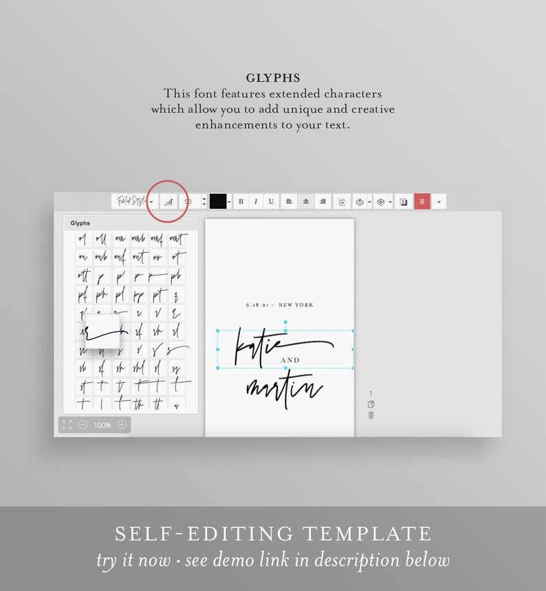 May include: A screen shot of a computer program showing a font editing tool. The tool has a grid of glyphs, or characters, for the font. The text "katie and martin" is shown in the font, along with the date "6.18.23" and the location "NEW YORK".